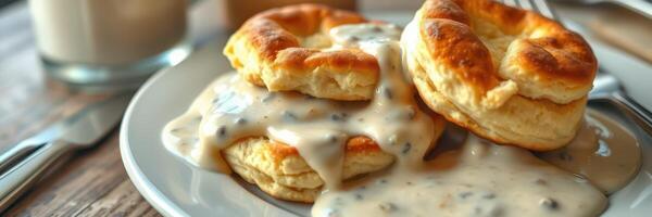 Delicious biscuits topped with creamy sausage gravy served on a white plate in a cozy breakfast setting photo