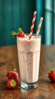Refreshing strawberry milkshake served in a tall glass with striped straws and fresh strawberries on a wooden table photo