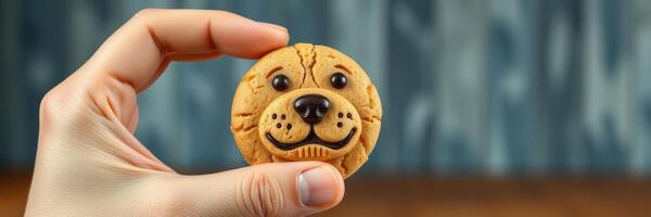 Cute cookie shaped like a dog held by a hand against a blurred background photo