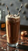 Delicious iced coffee beverage served in a glass with whipped cream and decorative straws on a wooden table photo