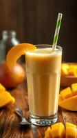 Mango smoothie served in a tall glass with a green striped straw and sliced fruit on a wooden table photo