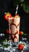 Delicious strawberry chocolate milkshake garnished with fresh strawberries and mint on a dark background photo