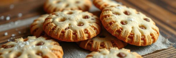 Freshly baked traditional cookies arranged on a wooden surface with a sprinkle of sugar photo