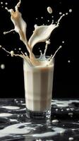 Milk splashes dramatically from a glass on a dark surface during an artistic food photography session photo
