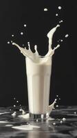 Milk splashes dramatically from a glass against a dark background showcasing motion and texture photo