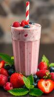 Refreshing berry smoothie with fresh fruit and mint on wooden table photo