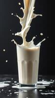Creamy beverage splashes dramatically from a glass on a dark background during a kitchen experiment photo