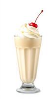 Creamy vanilla milkshake topped with whipped cream and a cherry served in a tall glass photo