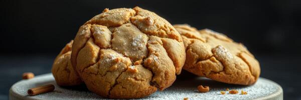 Freshly baked cookies on a wooden plate with a sprinkle of sugar and cinnamon in a cozy kitchen setting photo