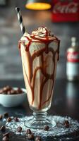 Delicious chocolate milkshake topped with whipped cream and caramel drizzle in a vibrant cafe setting photo