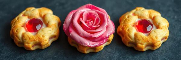 Unique decorative pastries featuring rose designs and colorful gems on a dark surface photo