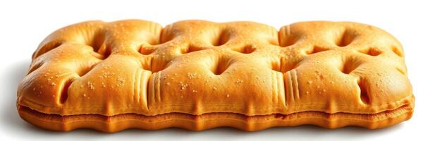 Freshly baked bread loaf with golden crust and unique texture on a plain background photo