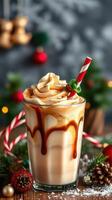 Festive holiday beverage with cream and caramel in cozy setting photo