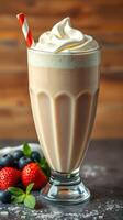 Delicious milkshake topped with whipped cream and served with fresh fruits at a cafe photo