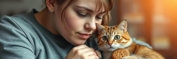 Woman enjoys a cozy moment with her orange cat and a cookie at home in warm afternoon light photo