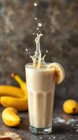 Creamy banana smoothie with splashes of milk, fresh bananas, and a colorful background in a kitchen setting photo