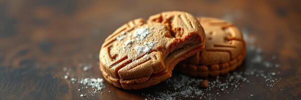 Delicious cookies with intricate designs placed on a rustic wooden surface sprinkled with sugar photo