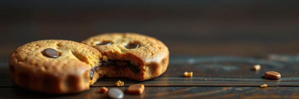 Freshly baked chocolate chip cookies on a rustic wooden table with a bite taken out photo