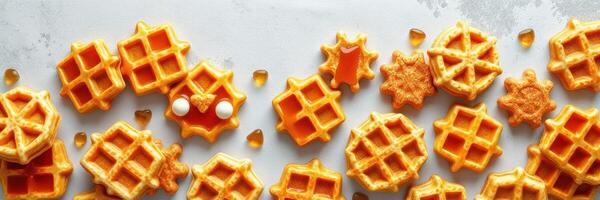 Delicious assortment of waffles with syrup on a light background photo