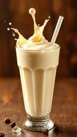 Creamy milkshake splashes from glass with straw on wooden surface in a cozy setting photo