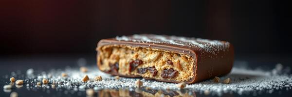 Chocolate candy bar with filling and powdered sugar on a dark surface in a close-up view photo
