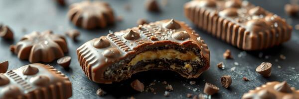 Delicious chocolate treats filled with creamy center and sprinkled with sea salt photo