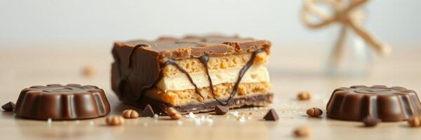 Chocolate dessert bar with layered filling and decorative elements on minimalistic table photo