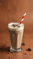 Creamy coffee beverage topped with coffee beans served in a tall glass with a red and white straw photo