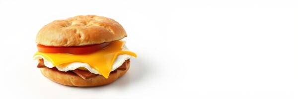 Breakfast sandwich with cheese and tomato on a soft bun served in a simple setting photo