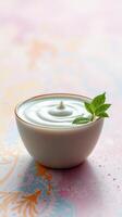 Creamy yogurt served in a bowl with a mint leaf on top, showcasing a smooth texture and fresh garnish photo