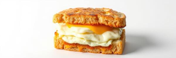 Delicious breakfast sandwich featuring fluffy eggs and melted cheese on toasted whole grain bread photo