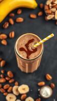 Smooth and refreshing coffee banana smoothie with caramel drizzle, nuts, and fresh ingredients on dark background photo