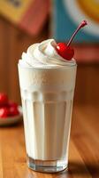 Creamy vanilla milkshake topped with whipped cream and a cherry sits on a wooden table photo