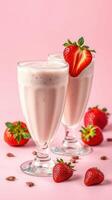 Creamy strawberry milkshakes served in tall glasses with fresh strawberries on a pink background photo