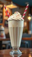 Creamy milkshake topped with whipped cream and colorful sprinkles in a cozy cafe setting photo