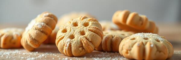 delicioso hecho en casa galletas arreglado en un de madera superficie Listo para servicio a un acogedor cocina foto