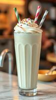 Creamy milkshake topped with whipped cream and colorful sprinkles served in a tall glass photo