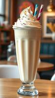 Refreshingly sweet milkshake topped with whipped cream and sprinkles served in a cozy cafe atmosphere photo