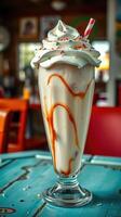 Creamy milkshake topped with whipped cream and colorful sprinkles in a vibrant diner setting photo