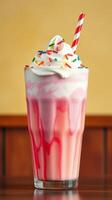 Colorful milkshake topped with whipped cream and sprinkles captures delicious dessert indulgence photo