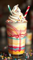 Colorful layered milkshake topped with whipped cream and sprinkles in a glass photo