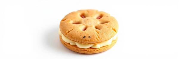 Unique sandwich cookie with cream filling displayed on a plain background photo