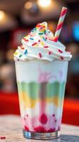 Colorful layered dessert drink topped with whipped cream and sprinkles in a cafe setting photo