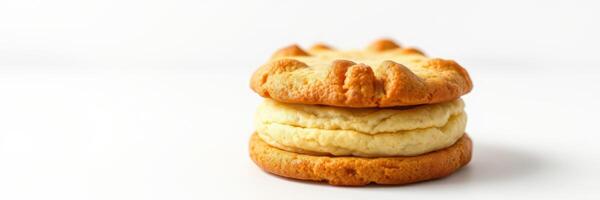 Delicious cookie sandwich filled with creamy frosting on a plain background photo
