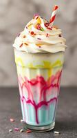 Colorful milkshake topped with whipped cream and sprinkles served in a clear glass photo