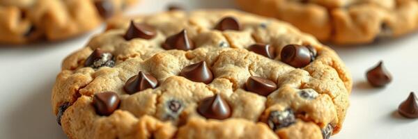 Homemade chocolate chip cookies cooling on a tray with a few scattered chocolate chips nearby photo