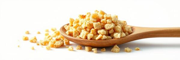 Dried vegetable granules on a wooden spoon arranged on a plain white background photo