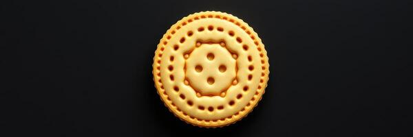 Round golden biscuit with intricate pattern placed on a dark surface in an artistic arrangement photo
