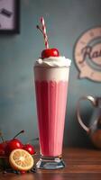 Refreshing cherry milkshake topped with whipped cream and cherry on a wooden table photo