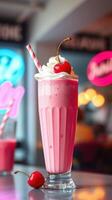 Refreshing strawberry milkshake topped with whipped cream and cherry served in a diner setting photo